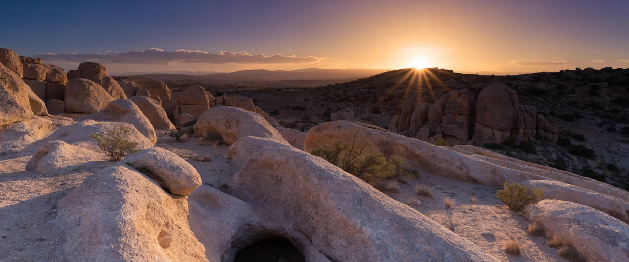 Sunrise spreading across a rocky desert landscape